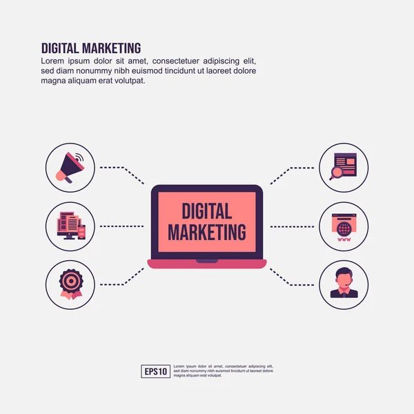 Digitální marketingová koncepce pro prezentaci, propagaci, sociální média a další. Minimalistický digitální marketingový informační obrázek s plochou ikonou — Stockový vektor