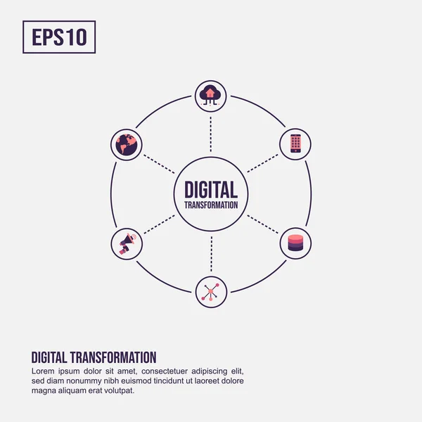 Koncepce digitální transformace pro prezentaci, propagaci, sociální prodej médií a další. Minimalistická infografika digitální transformace s plochou ikonou — Stockový vektor