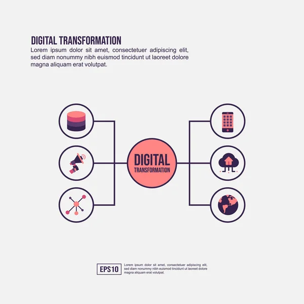 Koncepce digitální transformace pro prezentaci, propagaci, sociální prodej médií a další. Minimalistická infografika digitální transformace s plochou ikonou — Stockový vektor
