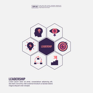 Sunum, promosyon, sosyal medya pazarlama ve daha fazlası için liderlik konsepti. Düz simgeli Minimalist Liderlik infografik