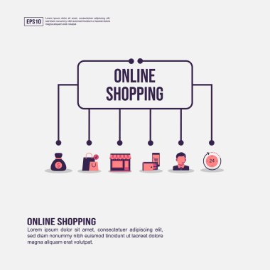 Sunum, promosyon, sosyal medya pazarlama ve daha fazlası için online alışveriş konsepti. Düz simgeli Minimalist Online alışveriş infografik