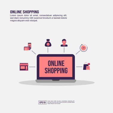 Sunum, promosyon, sosyal medya pazarlama ve daha fazlası için online alışveriş konsepti. Düz simgeli Minimalist Online alışveriş infografik
