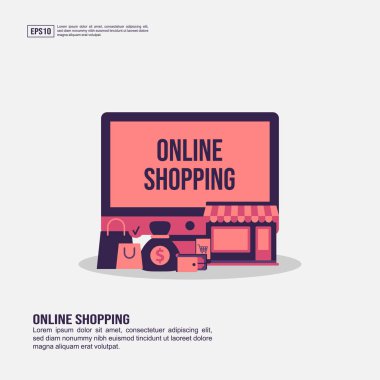 Sunum, promosyon, sosyal medya pazarlama ve daha fazlası için online alışveriş konsepti. Düz simgeli Minimalist Online alışveriş infografik