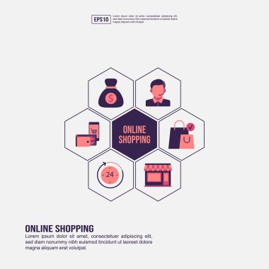 Sunum, promosyon, sosyal medya pazarlama ve daha fazlası için online alışveriş konsepti. Düz simgeli Minimalist Online alışveriş infografik