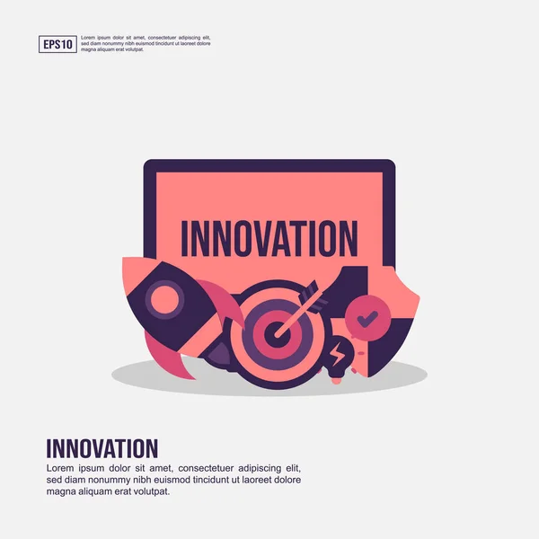 Concepto de innovación para presentación, promoción, marketing en redes sociales y más. Infografía minimalista de innovación con icono plano — Vector de stock