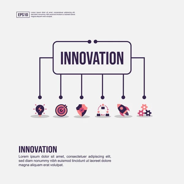 Έννοια της καινοτομίας για την παρουσίαση, την προώθηση, το μάρκετινγκ στα μέσα κοινωνικής δικτύωσης και πολλά άλλα. Γράφημα μινιμαλιστικής καινοτομίας με επίπεδη εικόνα — Διανυσματικό Αρχείο