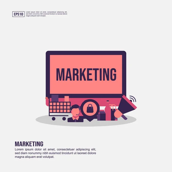 Concepto de marketing para presentación, promoción, marketing en redes sociales y más. Infografía minimalista de marketing con icono plano — Vector de stock