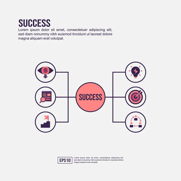 Concepto de éxito para presentación, promoción, marketing en redes sociales y más. Minimalista infografía de éxito con icono plano — Vector de stock