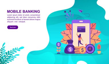 Karakter ile mobil bankacılık illüstrasyon kavramı. Şablon, afiş, sunum, sosyal medya, poster, reklam, promosyon