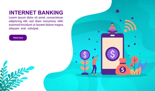 Karakter ile Internet bankacılık illüstrasyon kavramı. Şablon, afiş, sunum, sosyal medya, poster, reklam, promosyon