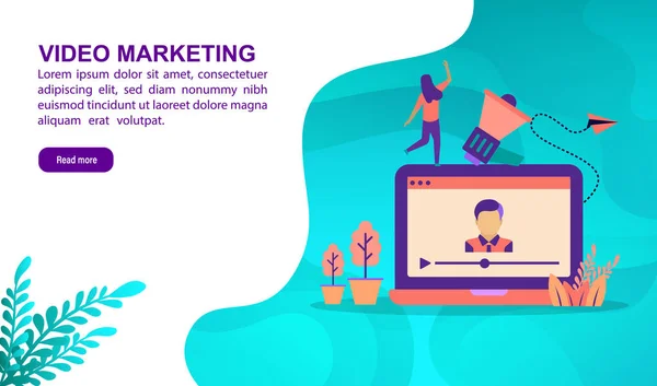 Concepto de ilustración de video marketing con carácter. Plantilla para, banner, presentación, medios de comunicación social, cartel, publicidad, promoción — Archivo Imágenes Vectoriales