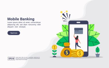 Mobil bankacılık vektör illüstrasyon kavramı. Afiş, el ilanı, promosyon, pazarlama malzemesi, online reklam, iş sunumu için modern illüstrasyon kavramsal