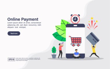 Online ödeme vektör illüstrasyon kavramı. Afiş, el ilanı, promosyon, pazarlama malzemesi, online reklam, iş sunumu için modern illüstrasyon kavramsal