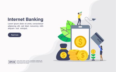 İnternet bankacılığı vektör illüstrasyon kavramı. Afiş, el ilanı, promosyon, pazarlama malzemesi, online reklam, iş sunumu için modern illüstrasyon kavramsal