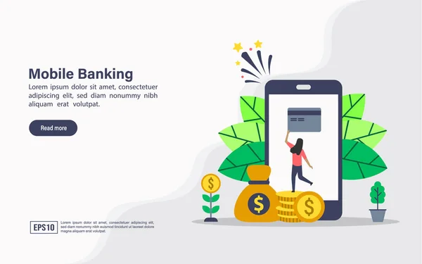 Mobil bankacılık vektör illüstrasyon kavramı. Afiş, el ilanı, promosyon, pazarlama malzemesi, online reklam, iş sunumu için modern illüstrasyon kavramsal