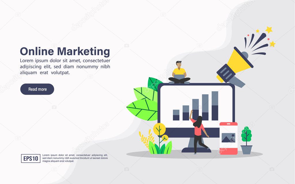 Vector illustration concept of online marketing. Modern illustration conceptual for banner, flyer, promotion, marketing material, online advertising, business presentation