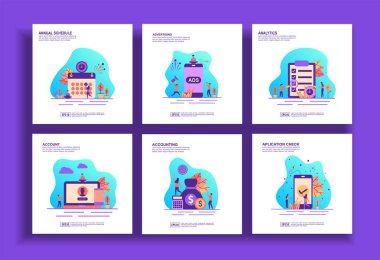 İş, yıllık program, reklam, analitik, hesap, muhasebe, aplikasyon denetimi için modern düz tasarım şablonları kümesi. Kolay ve özelleştirilen