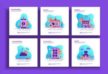 İş, uygulama hatası, bloglama, markaoluşturma, bulut bilgi işlem, uygulama geliştirme, bütçe için modern düz tasarım şablonları kümesi. Kolay ve özelleştirilen