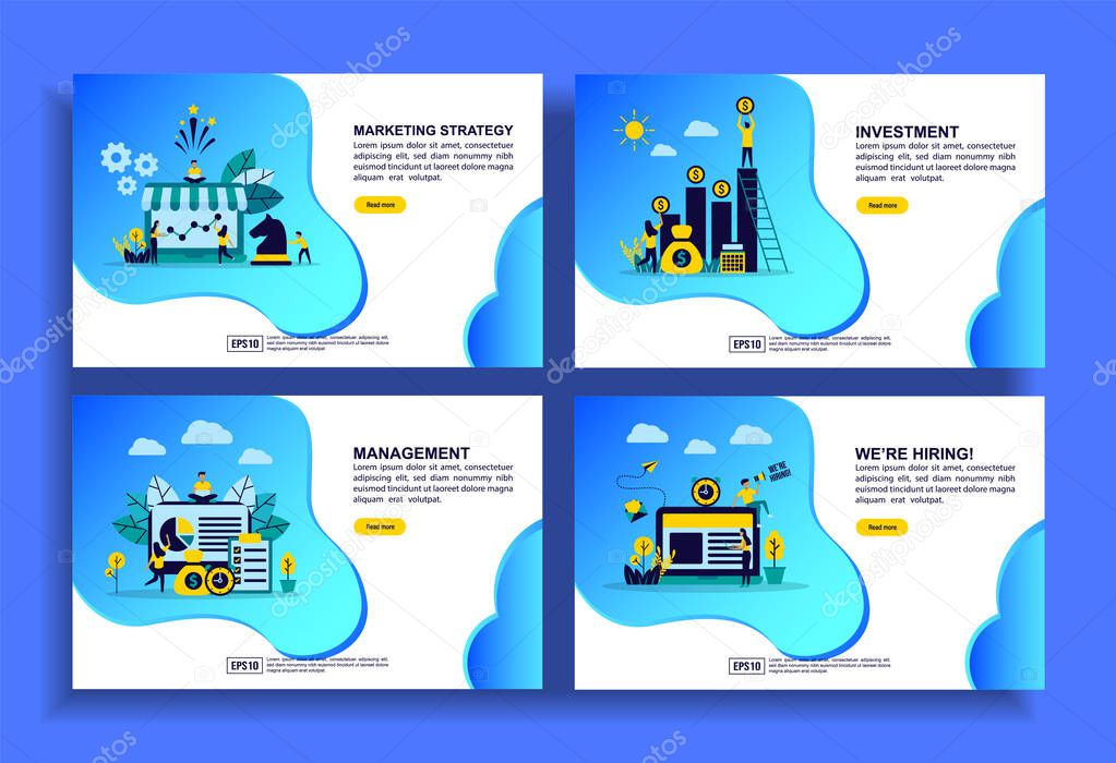 Set of modern flat design templates for Business, marketing strategy, investment, management, we are hiring. Easy to edit and customize. Modern Vector illustration concepts for business