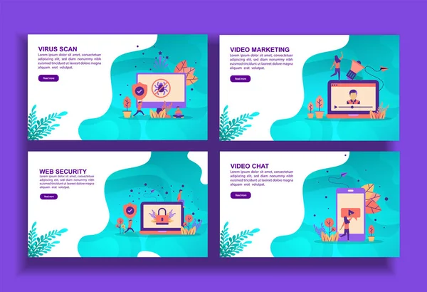 Set of modern flat design templates for Business, virus scan, video marketing, web security, video chat. Easy to edit and customize. Modern Vector illustration concepts for business