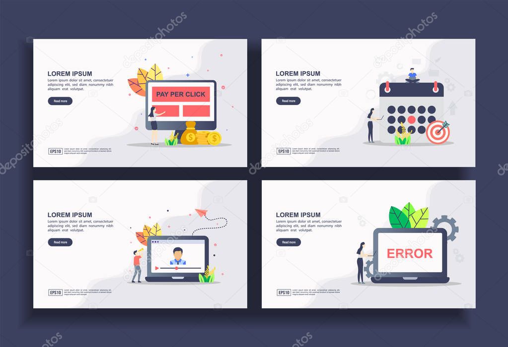 Set of modern flat design templates for Business, pay per click, schedule, video chat, page error. Easy to edit and customize. Modern Vector illustration concepts for business