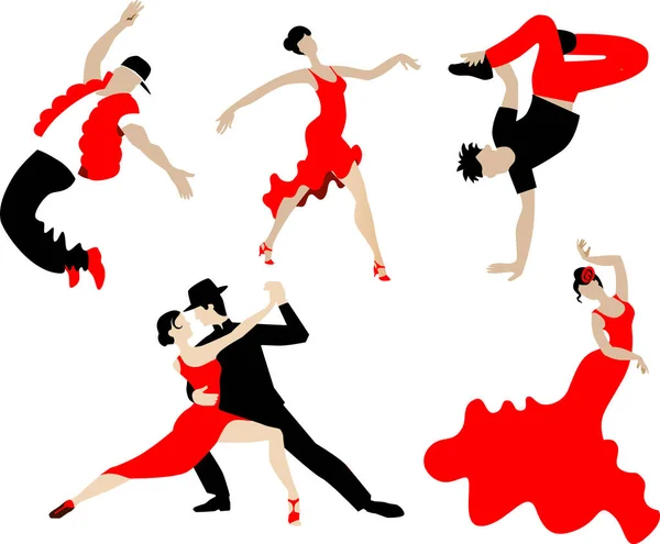Conjunto de dança diferentes danças de pessoas em preto e vermelho . — Vetor de Stock