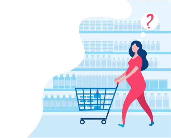 Una donna incinta va al supermercato con un carrello . — Vettoriale Stock
