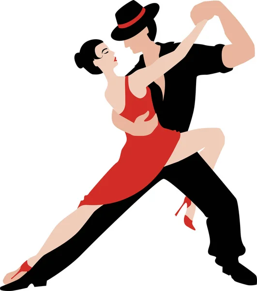 Beautiful couple dancing tango. A woman in a red dress and a man in a black suit and hat. — Stock Vector