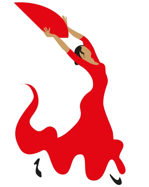 Szczupła kobieta w czerwonej sukience tańczy taniec flamenco. — Wektor stockowy