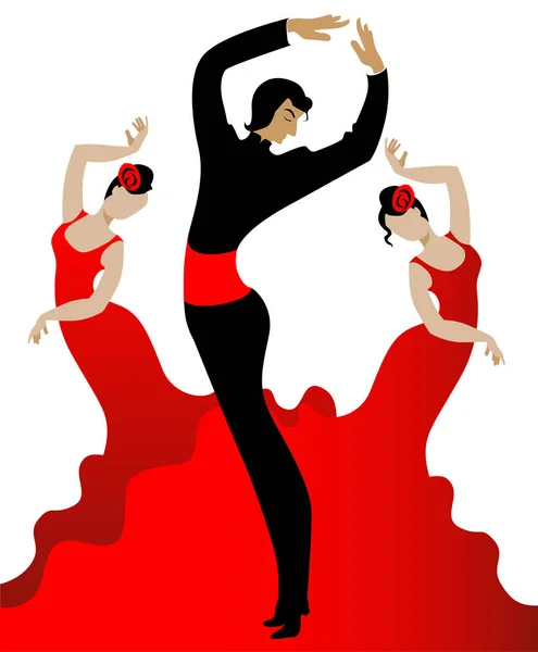 Dvě ženy a muž tančí Flamenco Dance. — Stockový vektor