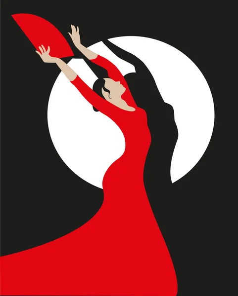 Elegantní žena v červených šatech a fanoušek tančící Flamenco. — Stockový vektor