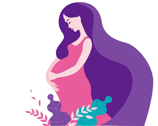 Uma mulher grávida com cabelos longos está entre as flores . —  Vetores de Stock
