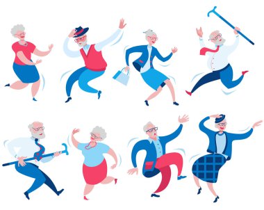 Set of eight happy dancing elderly men and women. clipart