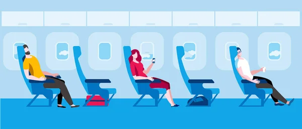 People sit on the plane. Traveling by plane during a pandemic. — Stock Vector