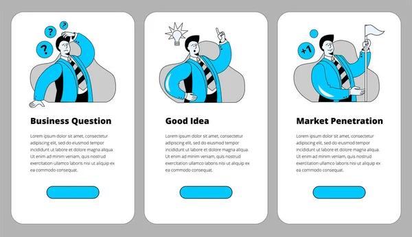 En uppsättning mallar för mobiltelefoner om affärsfrågor, sökande efter idéer och erövring av nya marknader. — Stock vektor