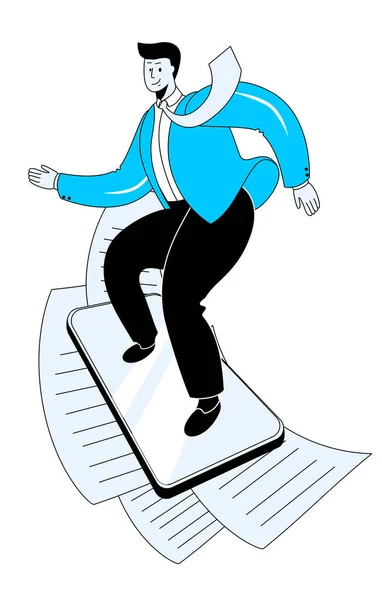 Un homme en costume d'affaires surfe sur les nouvelles au téléphone. — Image vectorielle