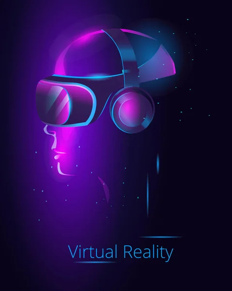 Seorang gadis dalam kacamata virtual reality mempelajari susunan data. Vektor ilustrasi dalam warna neon. - Stok Vektor
