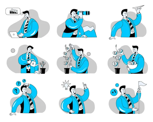Um conjunto de ilustrações sobre o tema dos negócios. Ilustração vetorial de conceito com um homem de negócios. —  Vetores de Stock
