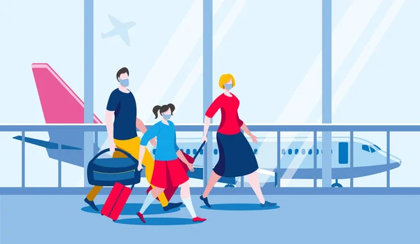 Uma família com máscaras médicas está a embarcar num avião. . — Vetor de Stock