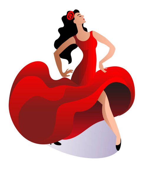 A slender woman in a red dress dances a flamenco dance.