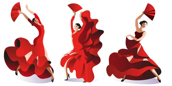 Trzy kobiety w czerwonych sukienkach z fanami tańczą flamenco. — Wektor stockowy
