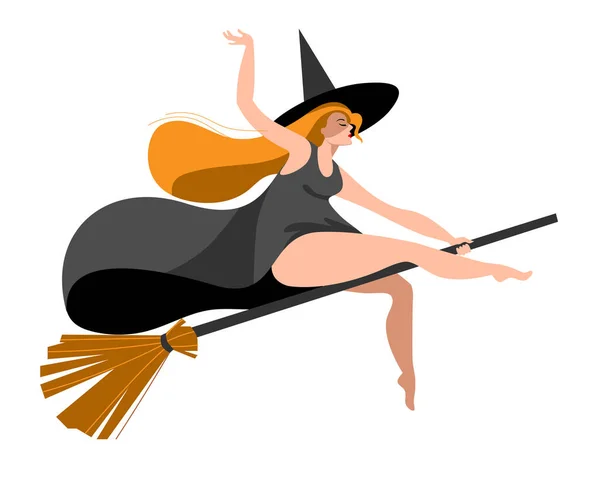 Ein schlankes Mädchen fliegt im Hexenkostüm auf einem Besenstiel. — Stockvektor