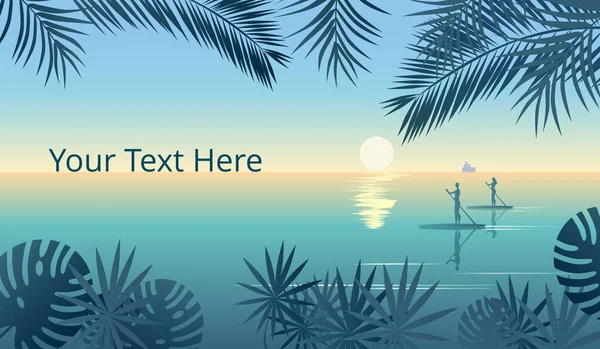 Palmiye yapraklı güzel bir tropikal arka plan. Denizde gün doğumu. — Stok Vektör