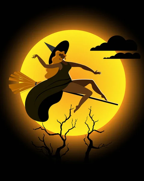 Glamurnoe Silhouette einer Hexe, die auf einem Besen fliegt. — Stockvektor