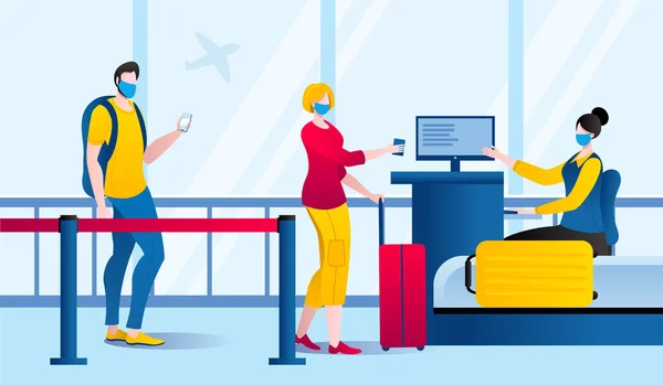 Des personnes masquées avec des valises font la queue pour s'enregistrer pour un avion. — Image vectorielle