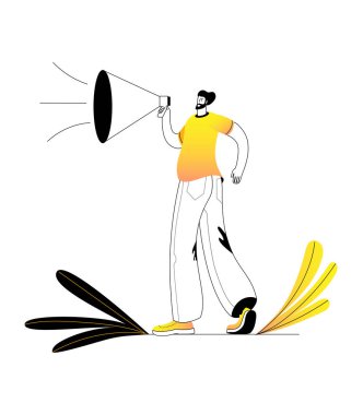 Modern tarzda bir adam megafona bağırır..