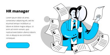 İnsan Kaynakları Müdürü çeşitli özgeçmişleri görmek için büyüteç kullanıyor. Taslak biçiminde vektör illüstrasyonu.