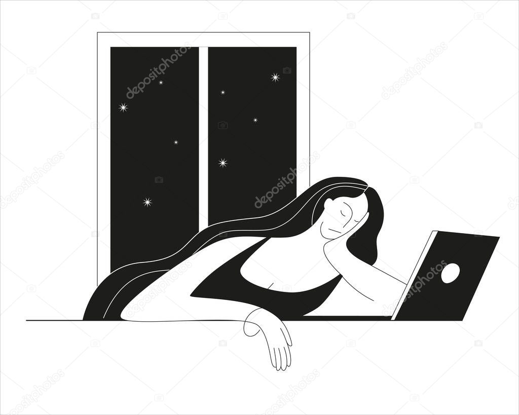 A tired woman sleeps by an open laptop. 