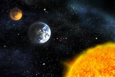 Kozmik galaksi arka planında gezegenler ve yıldızlar var