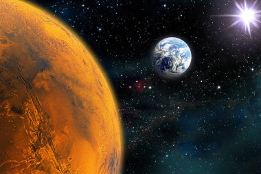 Kozmik galaksi arka planında gezegenler ve yıldızlar var
